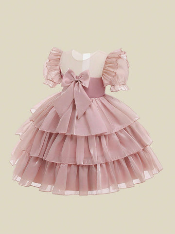 Young Girl Elegant Puff Sleeve Tulle Dress With Bow Decoration For Host, Birthday Party, Showcasing And Walking