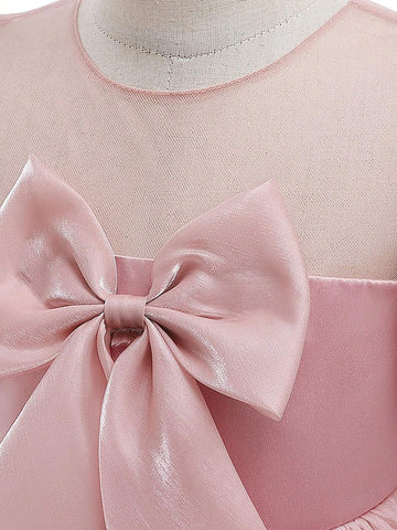 Young Girl Elegant Puff Sleeve Tulle Dress With Bow Decoration For Host, Birthday Party, Showcasing And Walking