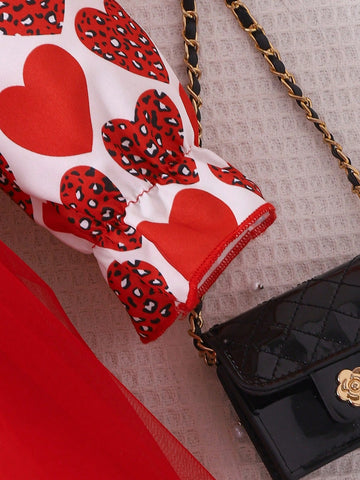Young Girl Elegant Red Heart Print Contrast Mesh Ball Gown Dress With Collar Flounce, Waisted, Cute Girls' Party Dress