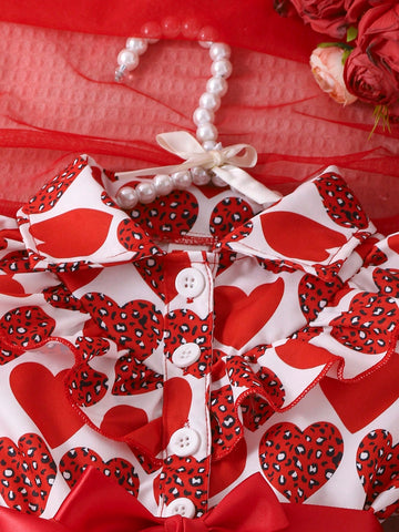 Young Girl Elegant Red Heart Print Contrast Mesh Ball Gown Dress With Collar Flounce, Waisted, Cute Girls' Party Dress