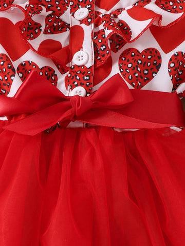 Young Girl Elegant Red Heart Print Contrast Mesh Ball Gown Dress With Collar Flounce, Waisted, Cute Girls' Party Dress