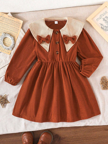 Young Girl Elegant Ribbed Patchwork Square Neck Long Sleeve Bowknot Decoration Dress, Fashionable Summer New Arrival