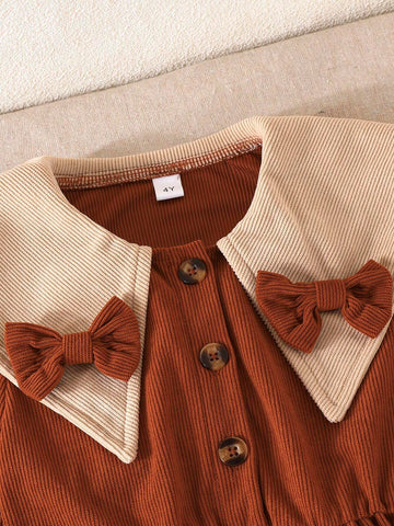 Young Girl Elegant Ribbed Patchwork Square Neck Long Sleeve Bowknot Decoration Dress, Fashionable Summer New Arrival