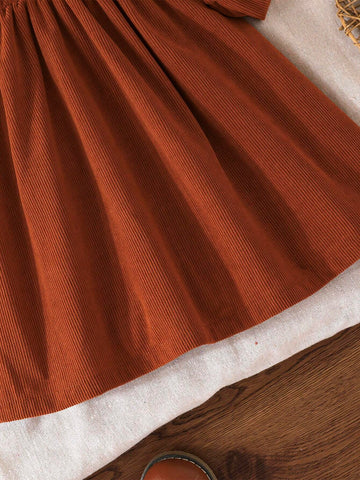 Young Girl Elegant Ribbed Patchwork Square Neck Long Sleeve Bowknot Decoration Dress, Fashionable Summer New Arrival