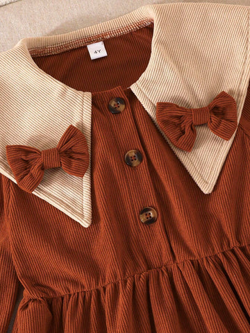 Young Girl Elegant Ribbed Patchwork Square Neck Long Sleeve Bowknot Decoration Dress, Fashionable Summer New Arrival