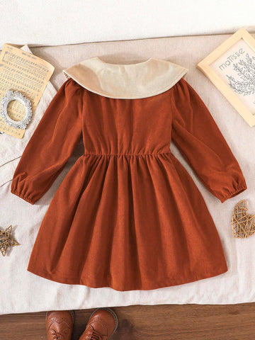 Young Girl Elegant Ribbed Patchwork Square Neck Long Sleeve Bowknot Decoration Dress, Fashionable Summer New Arrival