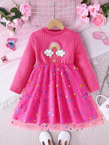 Young Girl Elegant Round Neck Long Sleeve Cinched Waist A-Line Colorful Polka Dot Mesh Rainbow Embroidered Dress, Autumn