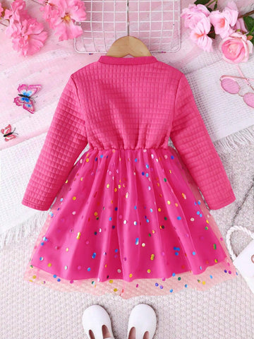 Young Girl Elegant Round Neck Long Sleeve Cinched Waist A-Line Colorful Polka Dot Mesh Rainbow Embroidered Dress, Autumn