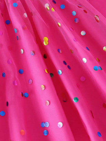 Young Girl Elegant Round Neck Long Sleeve Cinched Waist A-Line Colorful Polka Dot Mesh Rainbow Embroidered Dress, Autumn