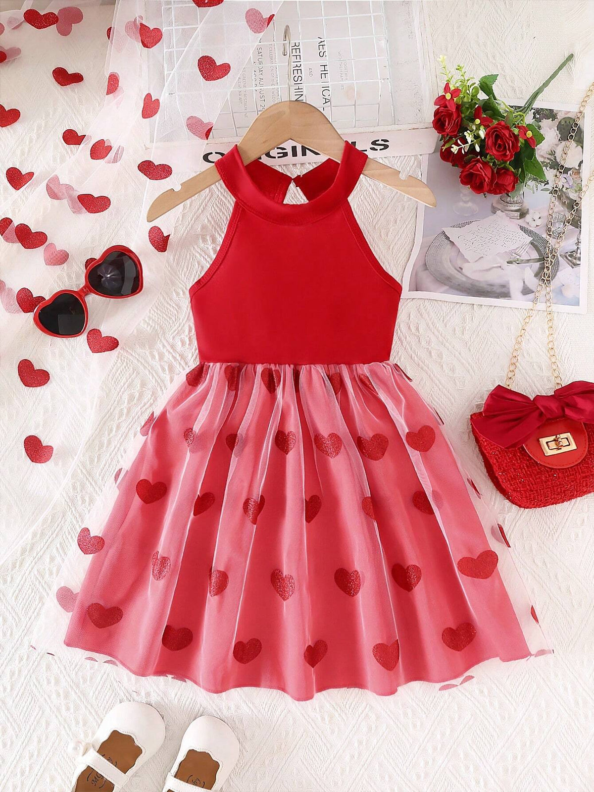 Young Girl' Elegant Round Neck Sleeveless High Waisted Heart Pattern Mesh Mini Dress, Suitable For Attend Balls And Parties In Summer
