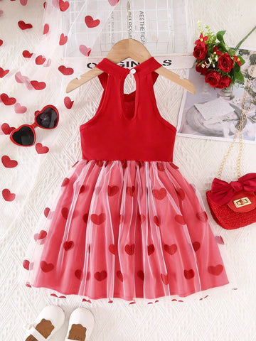 Young Girl' Elegant Round Neck Sleeveless High Waisted Heart Pattern Mesh Mini Dress, Suitable For Attend Balls And Parties In Summer
