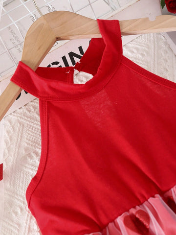 Young Girl' Elegant Round Neck Sleeveless High Waisted Heart Pattern Mesh Mini Dress, Suitable For Attend Balls And Parties In Summer