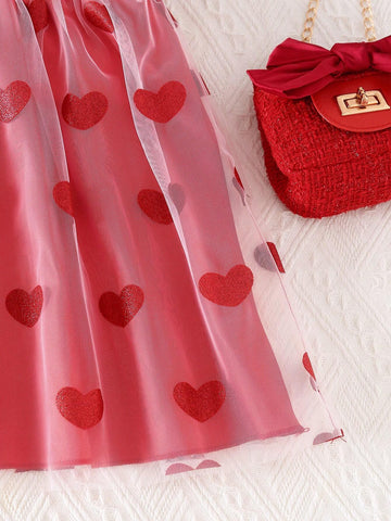 Young Girl' Elegant Round Neck Sleeveless High Waisted Heart Pattern Mesh Mini Dress, Suitable For Attend Balls And Parties In Summer
