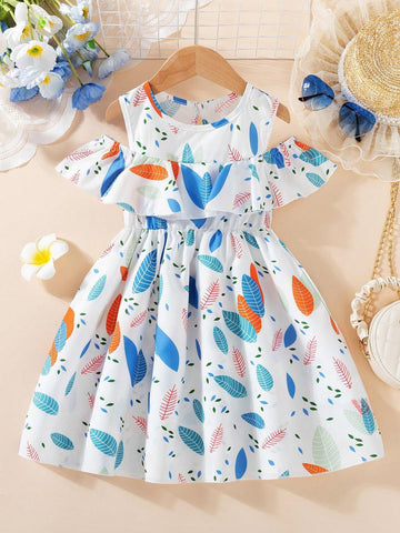Young Girl Elegant Ruffle Leaf Edged Digital Printed Dress, Summer