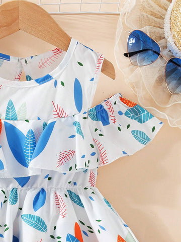 Young Girl Elegant Ruffle Leaf Edged Digital Printed Dress, Summer