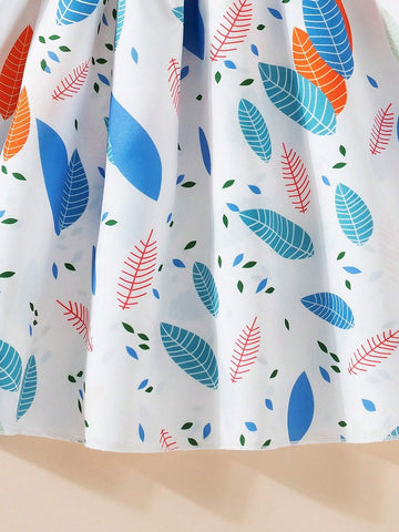 Young Girl Elegant Ruffle Leaf Edged Digital Printed Dress, Summer