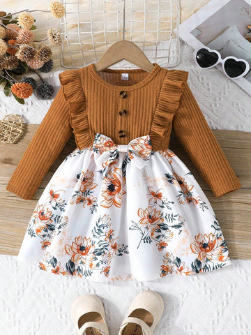 Young Girl Elegant Ruffled Sleeve Ribbed Patchwork Floral Hem Waist Bow Decor Round Neck Long Sleeve Bow Dress, Summer New Trend