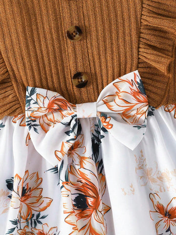 Young Girl Elegant Ruffled Sleeve Ribbed Patchwork Floral Hem Waist Bow Decor Round Neck Long Sleeve Bow Dress, Summer New Trend