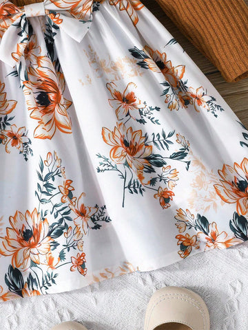 Young Girl Elegant Ruffled Sleeve Ribbed Patchwork Floral Hem Waist Bow Decor Round Neck Long Sleeve Bow Dress, Summer New Trend