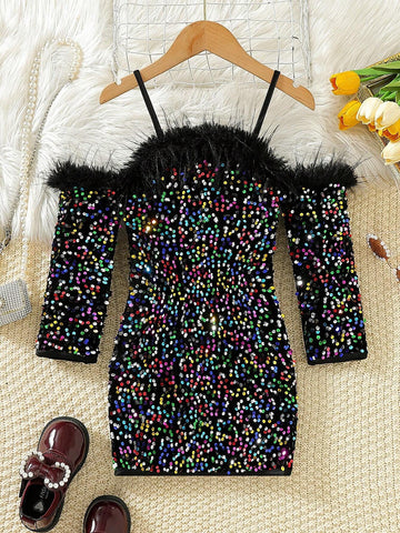 Young Girl Elegant Sequin Embroidered Knitted Dress, Off-Shoulder Fluffy Sleeve Formal Party Gown