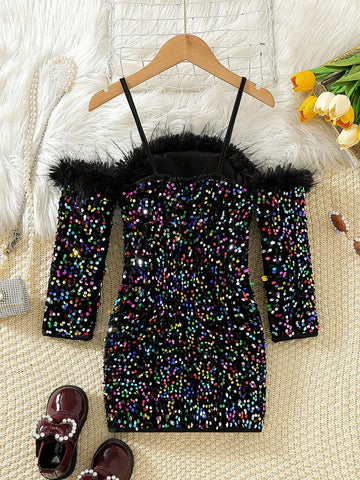 Young Girl Elegant Sequin Embroidered Knitted Dress, Off-Shoulder Fluffy Sleeve Formal Party Gown