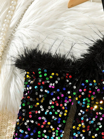 Young Girl Elegant Sequin Embroidered Knitted Dress, Off-Shoulder Fluffy Sleeve Formal Party Gown