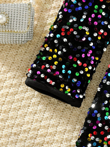 Young Girl Elegant Sequin Embroidered Knitted Dress, Off-Shoulder Fluffy Sleeve Formal Party Gown