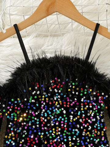 Young Girl Elegant Sequin Embroidered Knitted Dress, Off-Shoulder Fluffy Sleeve Formal Party Gown