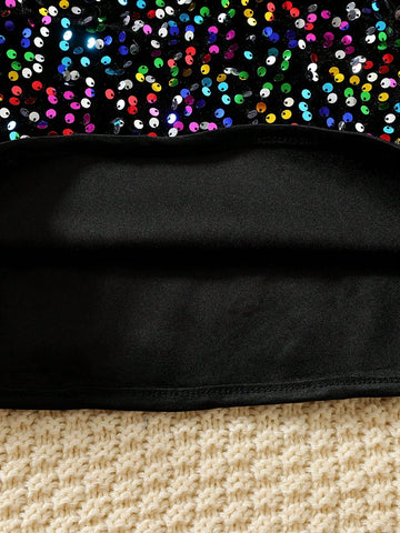 Young Girl Elegant Sequin Embroidered Knitted Dress, Off-Shoulder Fluffy Sleeve Formal Party Gown