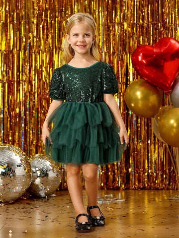 Young Girl Elegant Sequin Mesh Trim Dress, Suitable For Birthday, New Year, Christmas, Party, Outing, Holiday, Daily Wear, Summer, Autumn, Spring