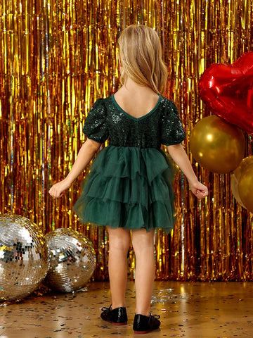 Young Girl Elegant Sequin Mesh Trim Dress, Suitable For Birthday, New Year, Christmas, Party, Outing, Holiday, Daily Wear, Summer, Autumn, Spring