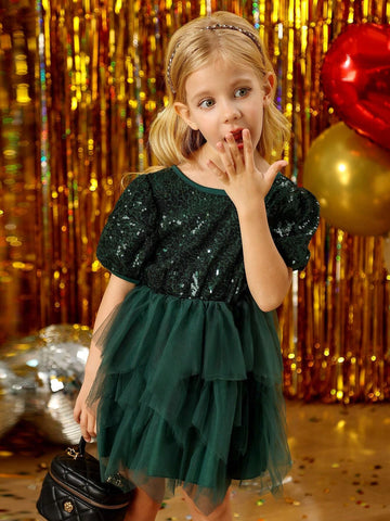 Young Girl Elegant Sequin Mesh Trim Dress, Suitable For Birthday, New Year, Christmas, Party, Outing, Holiday, Daily Wear, Summer, Autumn, Spring