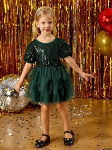 Young Girl Elegant Sequin Mesh Trim Dress, Suitable For Birthday, New Year, Christmas, Party, Outing, Holiday, Daily Wear, Summer, Autumn, Spring