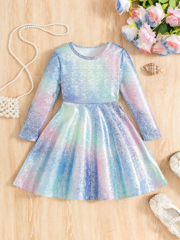 Young Girl' Elegant Sequined Ombre Long Sleeve Dress
