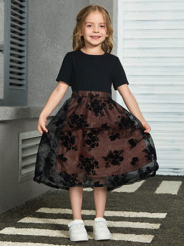 Young Girl Elegant Short Sleeve Dress With Round Neckline And Mesh Patchwork, Summer