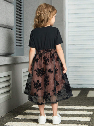 Young Girl Elegant Short Sleeve Dress With Round Neckline And Mesh Patchwork, Summer