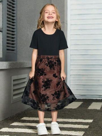 Young Girl Elegant Short Sleeve Dress With Round Neckline And Mesh Patchwork, Summer