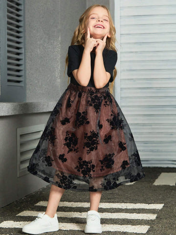 Young Girl Elegant Short Sleeve Dress With Round Neckline And Mesh Patchwork, Summer