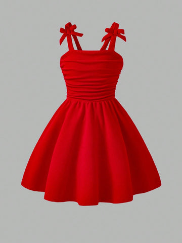 Young Girl' Elegant Solid Color 3D Bow Pleated Strap Dress, Spring/Summer