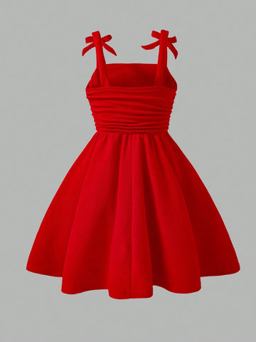 Young Girl' Elegant Solid Color 3D Bow Pleated Strap Dress, Spring/Summer