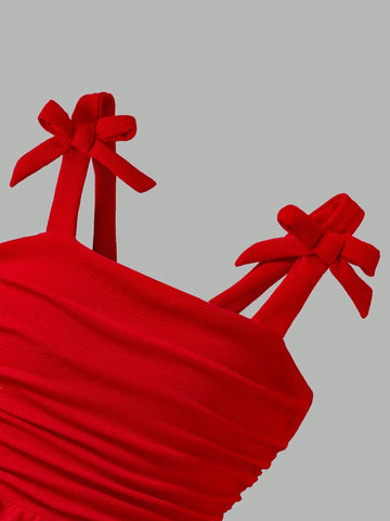 Young Girl' Elegant Solid Color 3D Bow Pleated Strap Dress, Spring/Summer