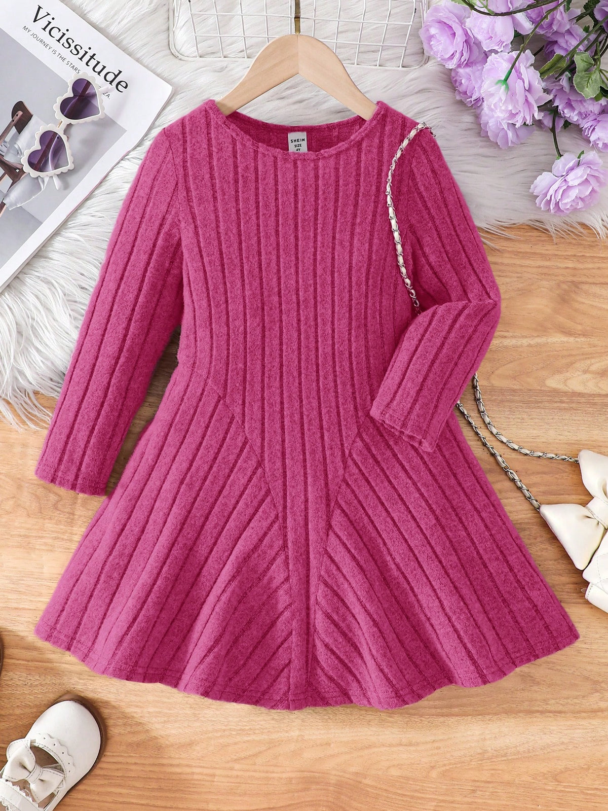 Young Girl Elegant Solid Color Knit Fitted Casual Dress