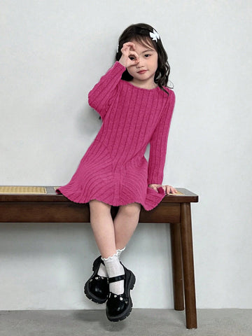 Young Girl Elegant Solid Color Knit Fitted Casual Dress