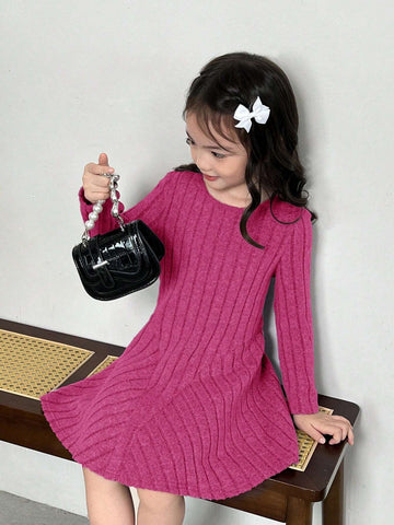 Young Girl Elegant Solid Color Knit Fitted Casual Dress