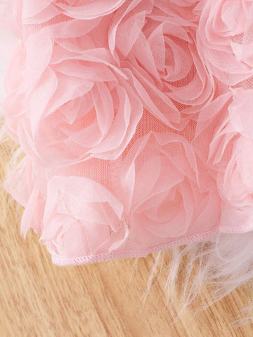 Young Girl Elegant Solid Color Patchwork 3D Rose Long Sleeve Knee-Length Dress With Belt