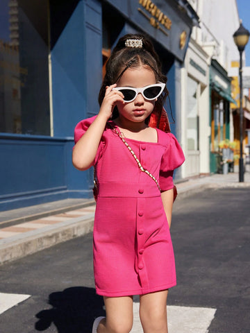 Young Girl Elegant Solid Color Puff Sleeve Dress
