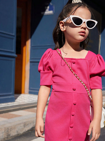 Young Girl Elegant Solid Color Puff Sleeve Dress