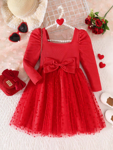 Young Girl' Elegant Square Collar Long Sleeve High Waist Solid Color Bowknot Splice Flocked Heart Net Mesh Dress