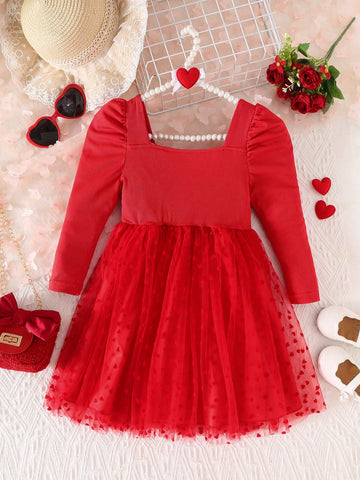 Young Girl' Elegant Square Collar Long Sleeve High Waist Solid Color Bowknot Splice Flocked Heart Net Mesh Dress
