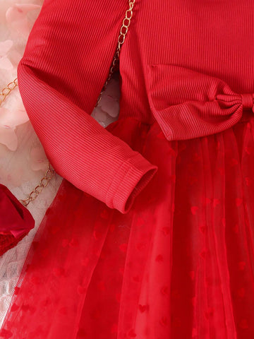 Young Girl' Elegant Square Collar Long Sleeve High Waist Solid Color Bowknot Splice Flocked Heart Net Mesh Dress